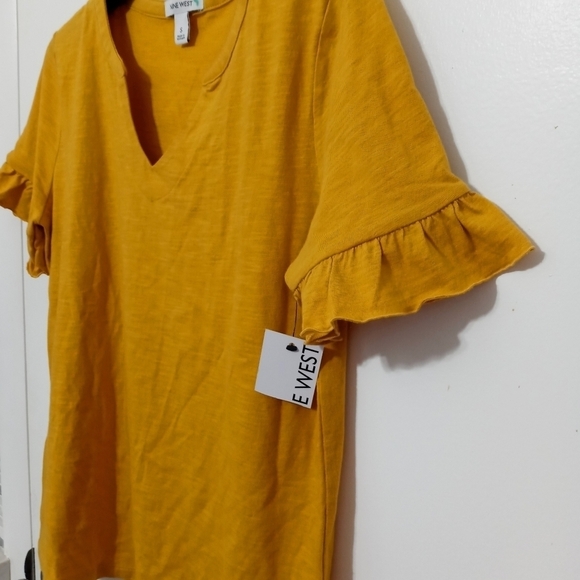 Nine West Women's Short Ruffled Sleeves V neck Deep Yellow Blouse NWT - Picture 3 of 9